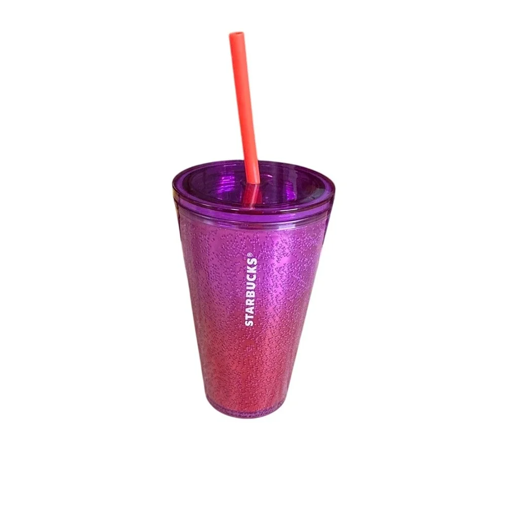Starbucks‎ Purple Pink Ombre Bubble Texture 16oz Cold Cup Tumbler Orange Straw